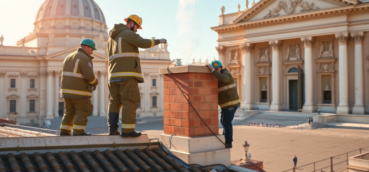 Vatican Firefighters Prepare Sistine Chapel Chimney for Papal Election Signifying Potential White Smoke